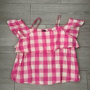 Bobeau Size XL Pink Gingham Checked Off the Shoulder Blouse W/ Spaghetti Straps